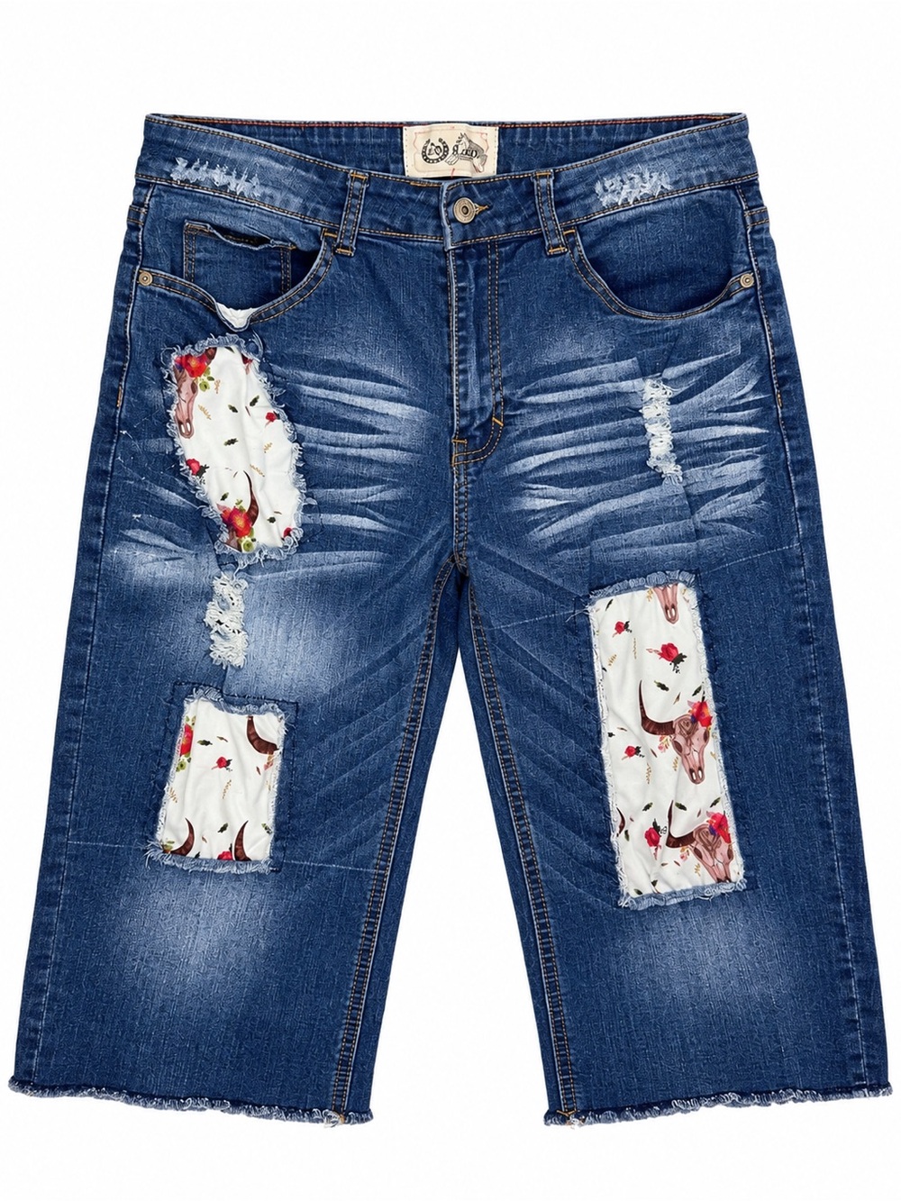 L&B Lucky & Blessed Cut Off Bermuda Shorts Women’s 14 Distressed Patch Denim